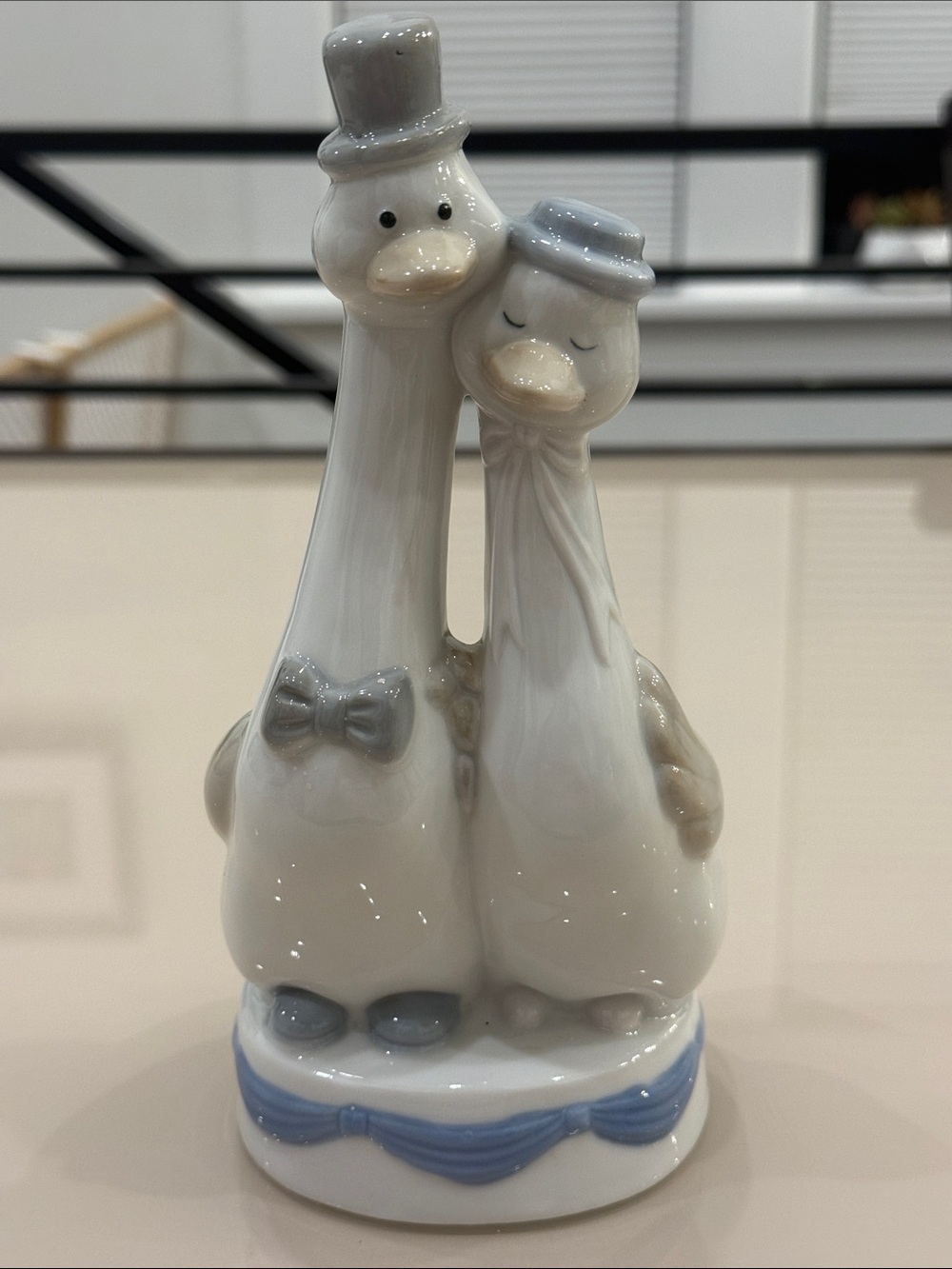 Vintage Porcelain Duck Couple Figurine in White, Light Gray, and Light Blue